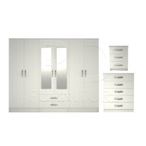 Ready assembled 3 Pcs Classic 6 door 2 Drawer Mirrored Wardrobe, Chest And Bedside Set White