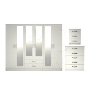 Ready assembled 3 Pcs Classic 6 Door 2 Drawer 4 Mirror Wardrobe, Chest And Bedside Set White